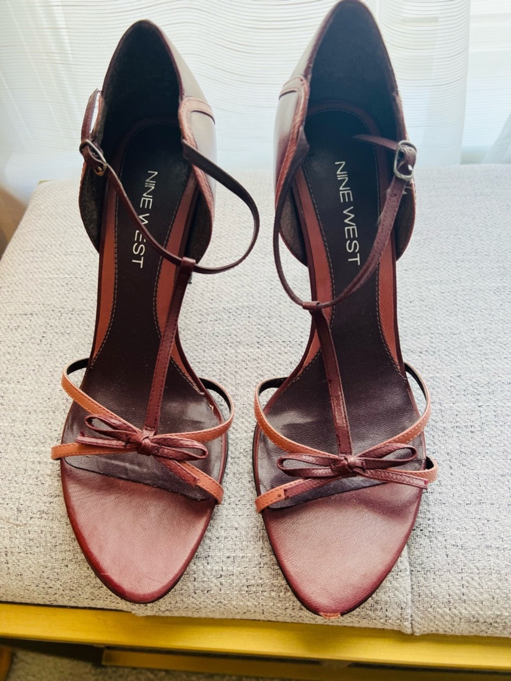 Nine West Burgundy T-Strap Bow Heels